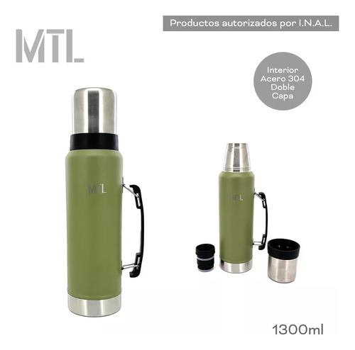 Termo Matero Mtl Verde De Acero Inoxidable Capacidad 1.3 Litros Resistente Mantiene La Temperatura Ideal Para El Mate Uso Diario Duradero Y Practico