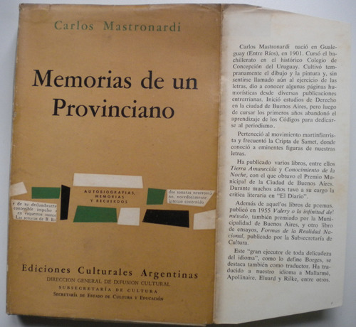 Mastronardi C. / Memorias De Un Provinciano / Ed. Culturales