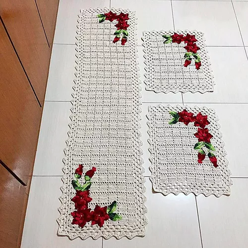 Jogo Tapete De Cozinha Crochê 3 Peças Floral Luxo Decoração - R$ 317,9
