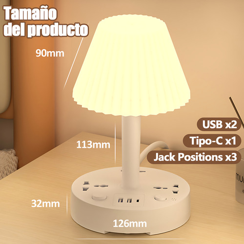 Lámpara Led De Sobremesa Ajusta Multicontactos De 3 Tomas Con 2 Usb 1 Tipo-c