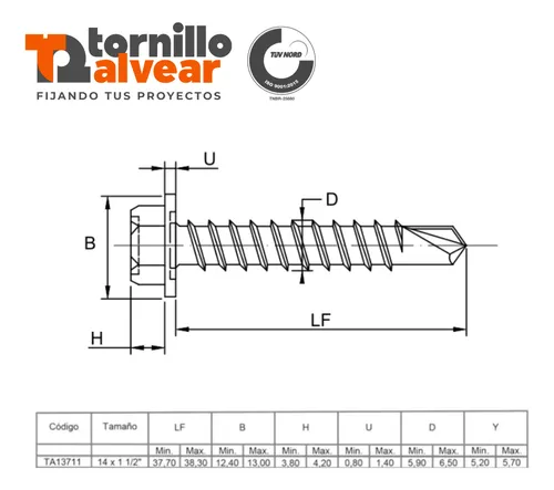 Tornillo Autoperforante Hexagonal 14x1-1/2 Mecha X1600 Techo