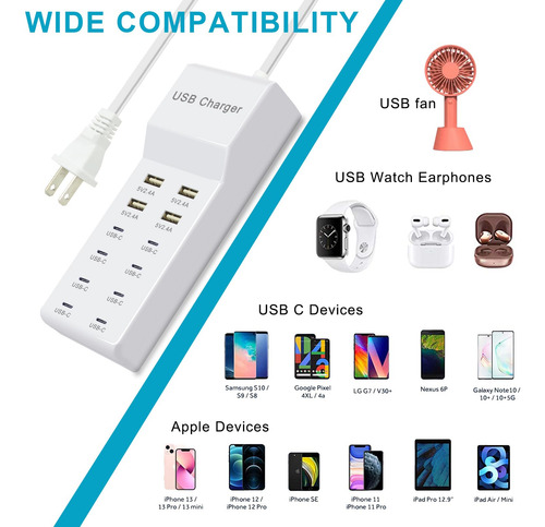 Cargador Usb 12 Puertos - 4 Usb-a Y 8 Usb-c Blanco