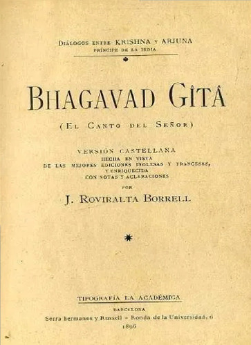 Bhagavad Gita El Canto Del Señor Version Castellana 1896