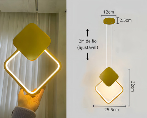 Pendente Minimalista Led Losango Moderno Dourado Cabeceira Lavabo Ilha Cabo 2m Luz 3/1 - Green Age