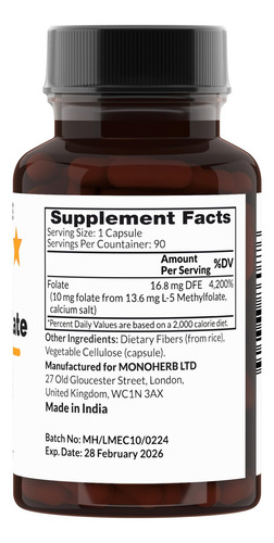 Monoherb L-metilfolato 10 Mg Suplemento 90 Cápsulas Veganas