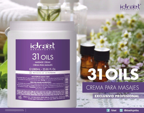 Imagen 3 de 3 de 31 Oil Crema Para Masajes Idraet 1 Kg Nutritiva Hidratante Tipo De Envase Pote Fragancia 31 Oleos Tipos De Piel Todo Tipo