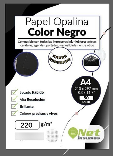 Opalina Lisa Color Negro A4 220gr A4 Doble Faz 50 Hojas