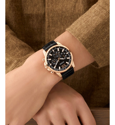 Reloj Guess Negro Walker Hombre Piel Bisel Oro Rosa