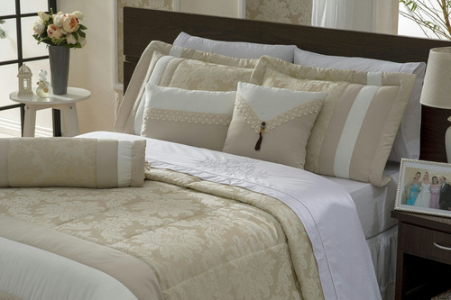 Imagem 2 de 6 de Cobre Leito Colcha Queen Tecido Jacquard Bege Modelo Safira 06 Peças