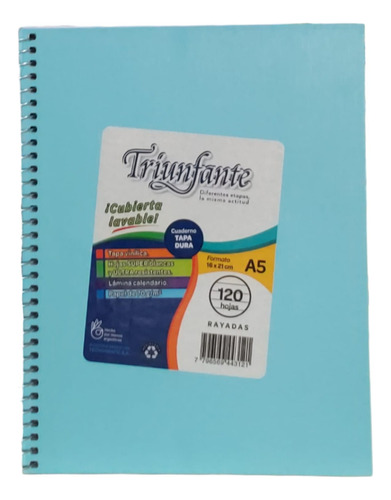 Cuaderno Espiralado 120 Hojas Rayadas T/dura A5 Triunfante Color Celeste