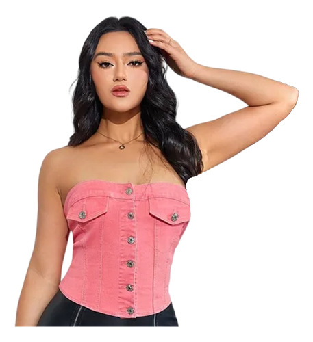 Top Casual Blusa Mezclilla Strapless Botones Sexy Mujer Rosa