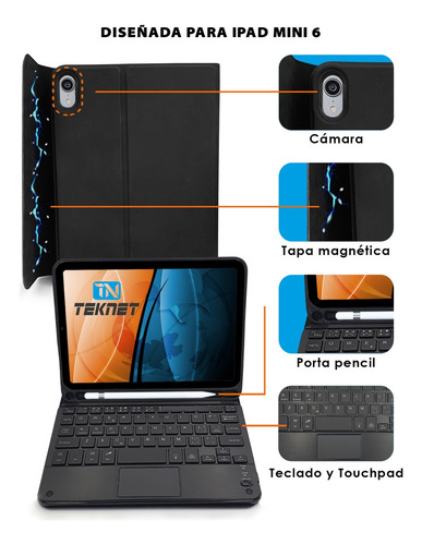 Teclado Teknet Funda Bluetooth Para iPad Mini 6 2021 8.3 Color Negro con teclado negro