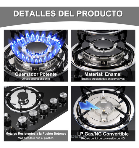Parrilla A Gas Empotrable/estufa De Mesa Xiudeen 6 Quemadores De Gas Gn/glp Aplicables Cristal Templado Color Negro XD6001G