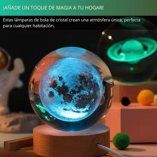 Esfera Cristal 3d Multicolor Led Base Madera Lámpara Noche Marrón Luna
