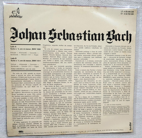 Lp Vinil Bach Suites N°2 E N°5 - Perez Dworecki 1976 Novo Edição Limitada