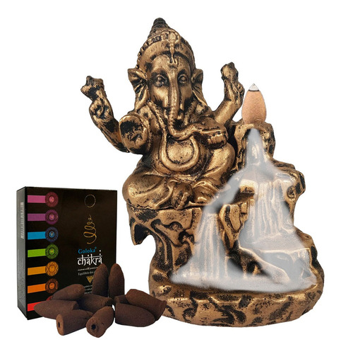 Incensário Cascata Backflow Zen Meditação + 10 Incensos Cor Ouro Velho PEDRA GANESHA ZEN 1