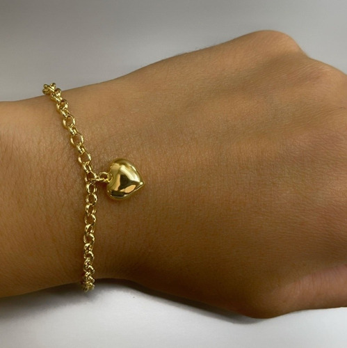 Pulseira Portuguesa Ouro 18k 750 19 Cm Pingente Coração
