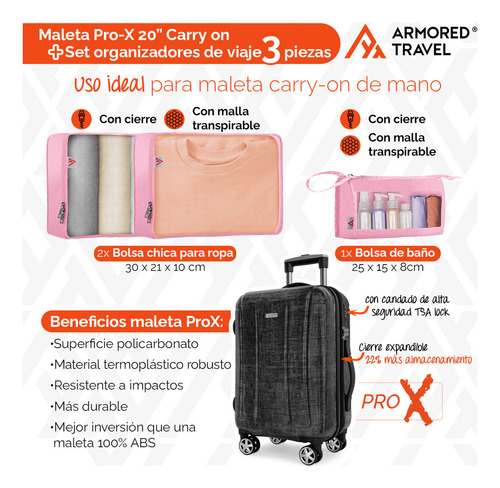 Maleta De Mano Carry-on 20 Cabina 10 Kg Pro-x Negro Dark Aleación Policarbonato Cierre Expandible Impresión Dual Candado Alta Seguridad Tsa Lock Con Set 3 Piezas Organizador Viaje Rosa Armored Travel