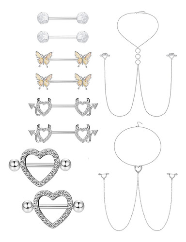 10pzs Piercing Pezon Nipple Set Con Corazon Diablito Varios 