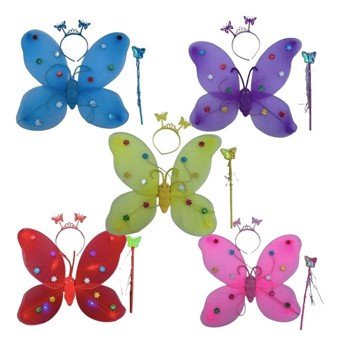 20 Disfraz Mariposa Con Alas Led Varita Y Diadema Colores 