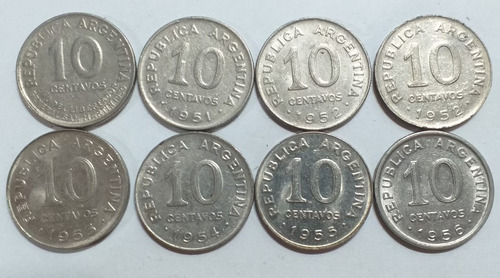 Serie 8 Monedas 10 Centavos 1950 A 1956 - Incluye 1952 Acero