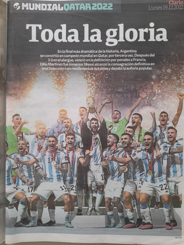 Diario Clarín Lunes 19 De Diciembre 2022- Argentina Campeón 