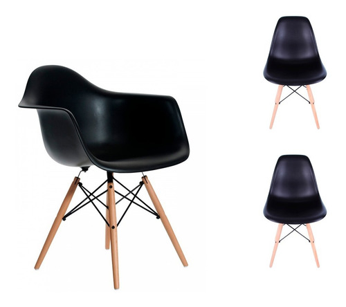 Combo 2 Sillas + 1 Sillon Dsw Diseño Moderno Pata Madera - Eames