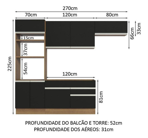 Armário De Cozinha Madesa Completa 270cm Rustic/p Glamy 15 Cor Rustic/Preto