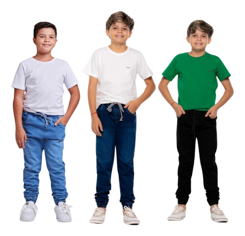 Kit 3 Calças Jogger Jeans Masculina Infantil Juvenil 10 Ao16
