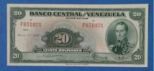 Billete De 20 Bs De 1951 F-6, Nuevo.