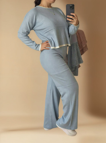 Conjunto Pants Mujer Moda Pants Completo Tiro Alto Unitalla Azul Claro Unitalla