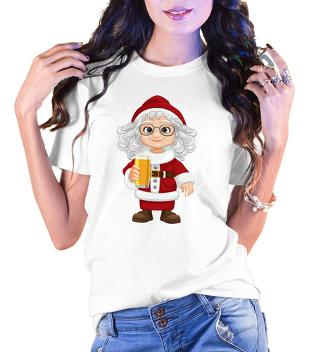 Playera Navideña Mujer Alegre Papá Noel Cerveza Santa. B/n