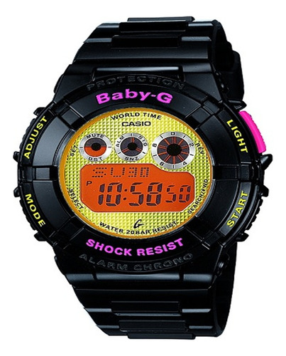 Reloj Pulsera Baby-g Bgd-121-1dr De Cuerpo Color Negro, Digital, Para Mujer, Fondo Amarillo, Con Correa De Resina Color Negro, Subesferas Color Negro, Bisel Color Negro Y Hebilla Simple