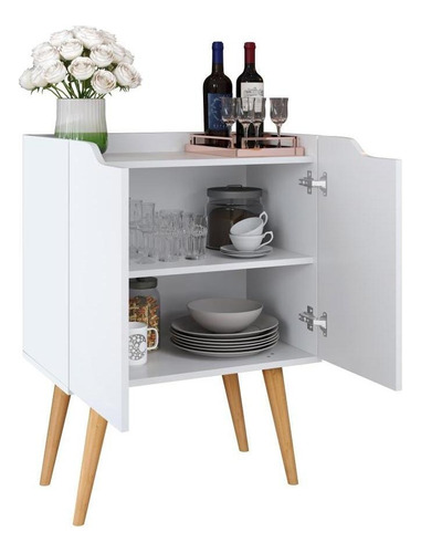 Aparador Buffet 2 Portas Com Prateleira Retrô Veneza- Branco Cor Branco Acetinado