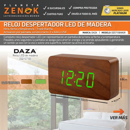 Reloj Despertador Madera Led Temperatura Fecha Alarmas Usb