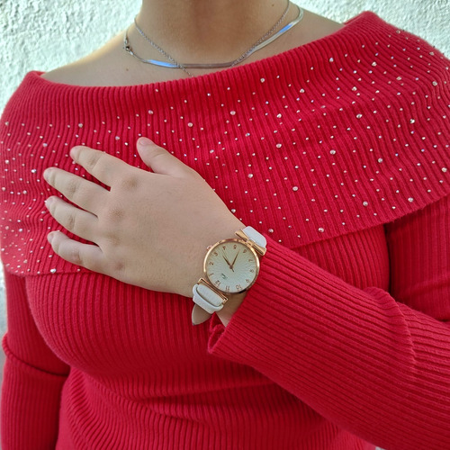 Reloj Mujer Elegante Moda Estilo Clásico Estuche Acero Blanco Dorado Blanco