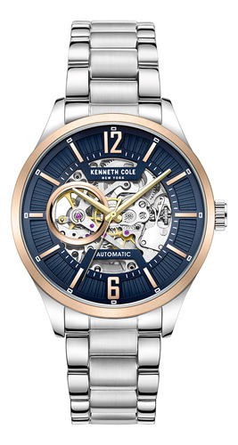 Reloj pulsera Kenneth Cole KCWGL2232504, analógico, para hombre, fondo azul, con correa de acero inoxidable color plateado, bisel color plateado y desplegable