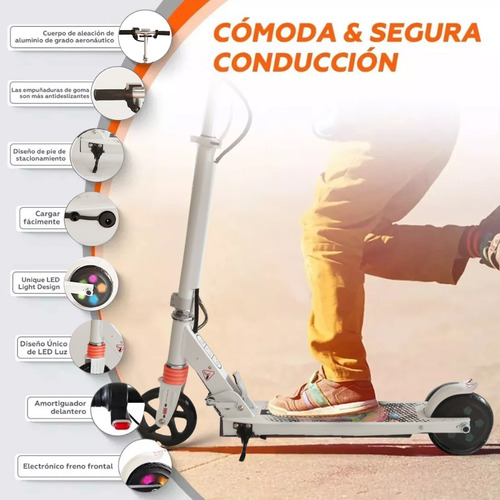 Scooter Eléctrico Patinete Plegable Patín Para Niños Led Luz Blanco