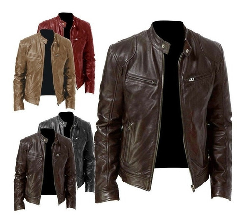 Chaqueta Forrada For Hombres Cuero Con Cremallera