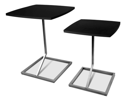 Conjunto Jogo Mesa De Canto Lateral Tip Tampo Quadrado Cor Prata/preto
