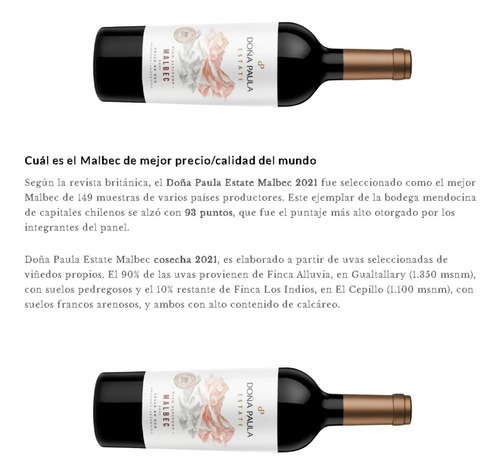 Imagen 2 de 10 de Vino Doña Paula Estate Malbec Cosecha 2021 Caja X 6 X 750ml.