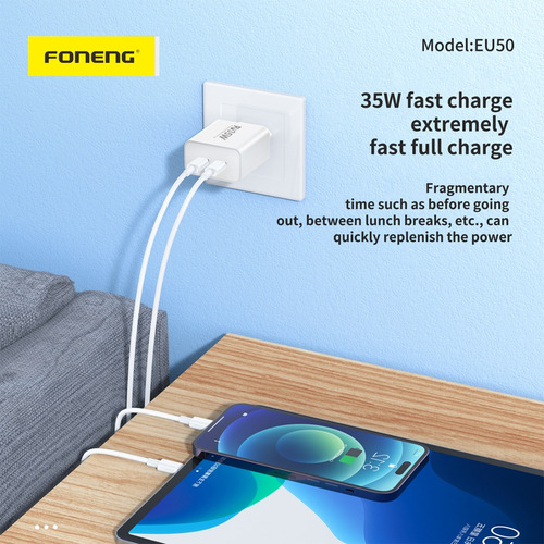 Cargador Ficha Foneng Eu50 35w 2 Puertos Usb C Fast Charge
