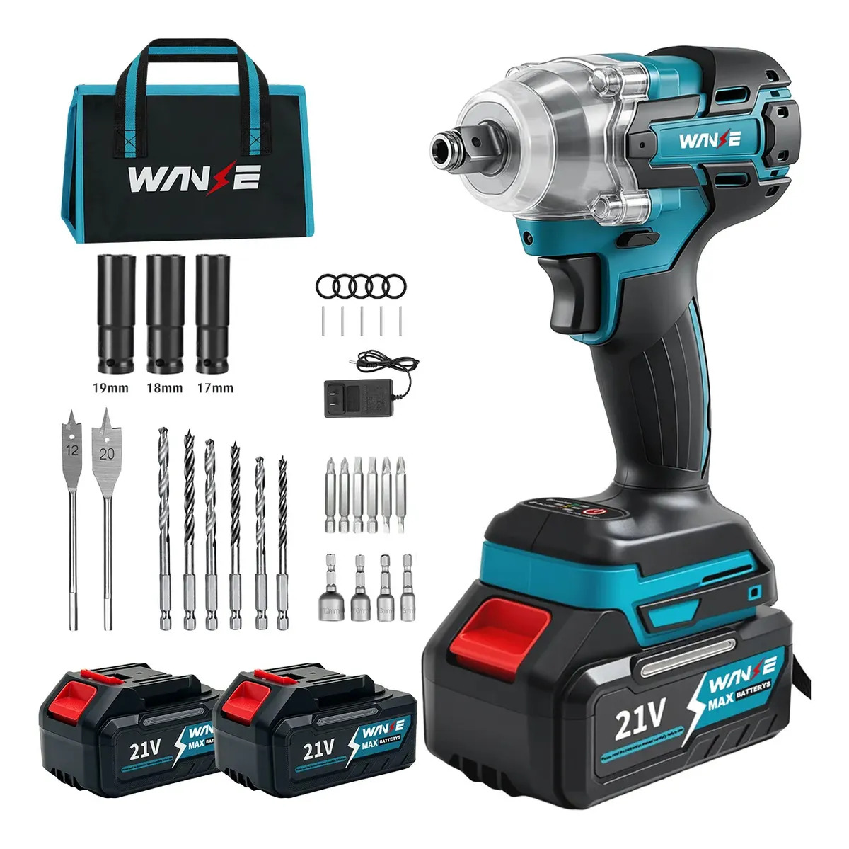 Wanse Llave De Impacto Inalámbrico Eléctrica Pistola Taladro Atornillador Kit Herramientas Perforación De Con 2 Baterías Pilas Recargable Sin Escobillas Mandril De 1/2'' Para Hogar