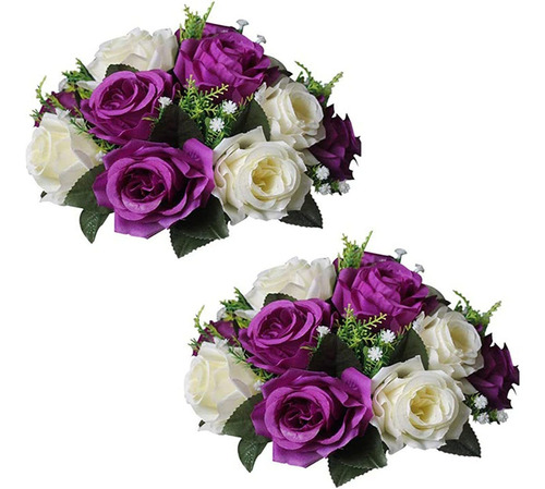 Flores Artificiales 15 Cabezas De Rosas Purp Y Blan Pack 2u.