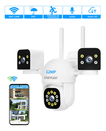 Cámara Seguridad Exterior 3 Lentes 360° Full Hd - Wifi 5mp, Visión Nocturna 10m Con 12 Ir + 14 Luces, Alerta Movimiento, Resistente Agua, Soporte Microsd 128gb Y Nube
