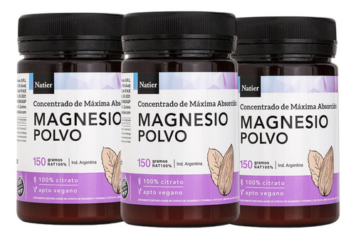 Pack X3 Citrato De Magnesio Natier Regula Ansiedad 150gr