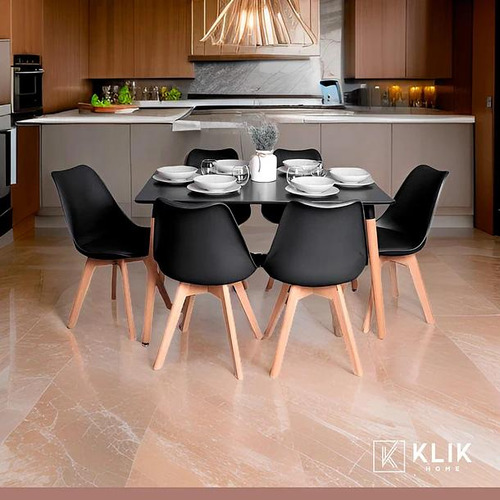 Comedor Mesa Rectangular Negra + 6 Sillas Tulip Negras