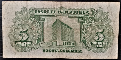 Imagen 2 de 2 de Billete 5 Pesos Oro 20/jul/1960 Colombia Vf