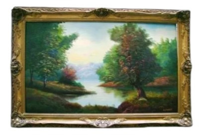 Gran Oleo Pintura Cuadro Lacustre Marco Francés Antiguo (Usado)