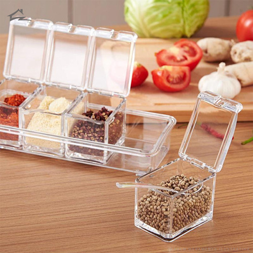 Soporte acrílico para condimentos con cuchara compacta resistente de color transparente